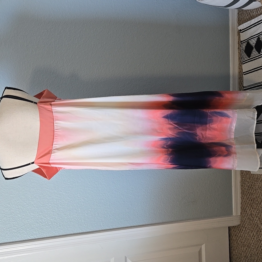 DKNY Tie Dye Print Asymmetric Midi Dressi Sz LARGE Peach Blue Boho - Picture 9 of 16